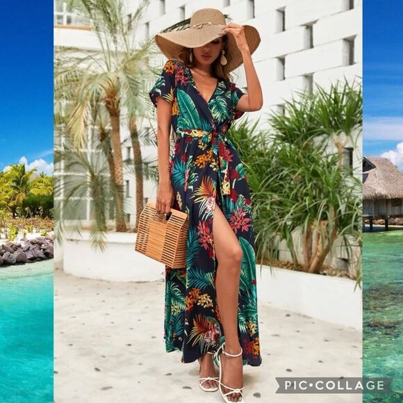 Boho Floral Maxi Open Leg Wrap Belted Dress Size Medium - Picture 6 of 8